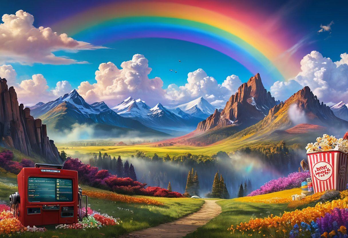 A vast cinematic landscape filled with oversized film reels and popcorn mountains, with whimsical characters streaming colorful movies on screens hanging from fluffy clouds. A vibrant rainbow arches across the scene, symbolizing endless possibilities in film viewing. In the foreground, a guidebook opens up, showcasing various no-cost movie genres. super-realistic. vibrant colors. dreamy atmosphere.