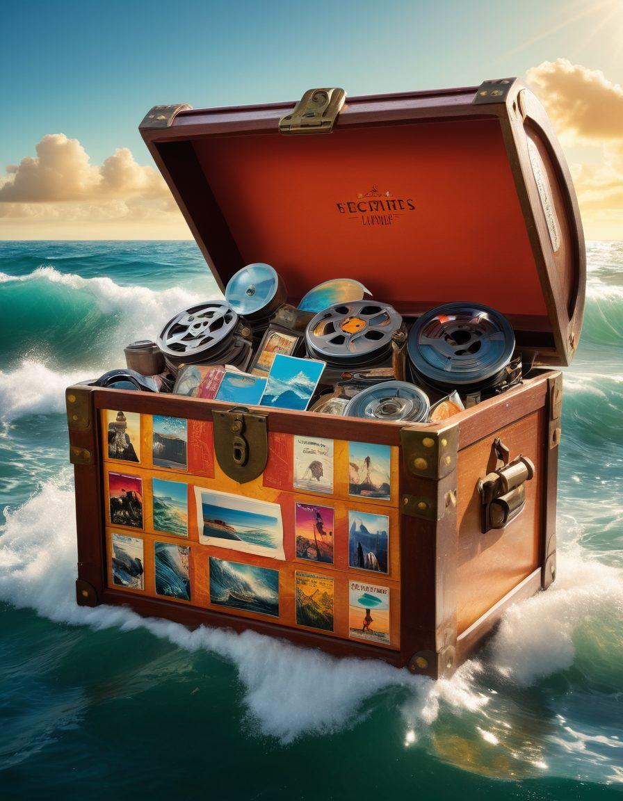 A vibrant treasure chest overflowing with various film reels and movie posters, set against an oceanic backdrop. Sunlight glistens on the water, with playful waves creating a lively atmosphere. Include diverse film genres represented by distinct symbols or motifs around the chest, appealing to every taste. The scene conveys a sense of adventure and discovery. vibrant colors. super-realistic.