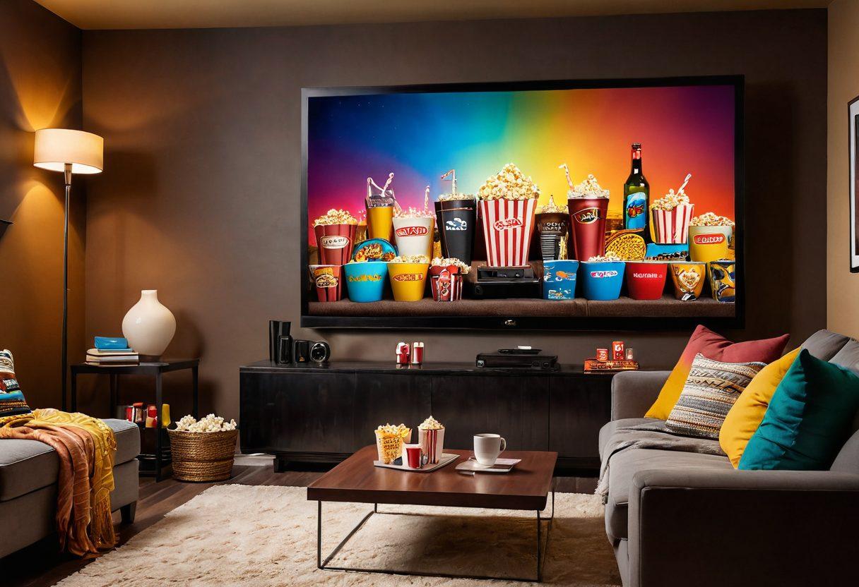 A cozy home theater setup with a large screen displaying a colorful movie scene, soft lighting creating a warm ambiance, popcorn and drinks on a stylish table in the foreground, a comfortable sofa with blankets inviting relaxation, and posters of popular movies adorning the walls. super-realistic. vibrant colors. warm tones.